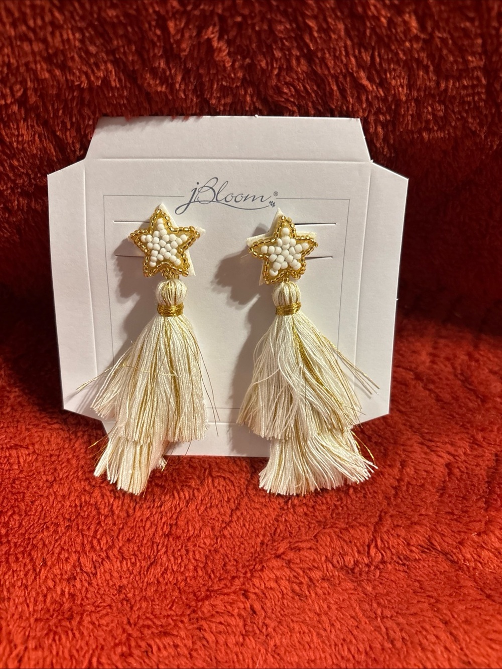Retired J Bloom Ivory Star Bead Tassel Drop Earrings with Gold Accents